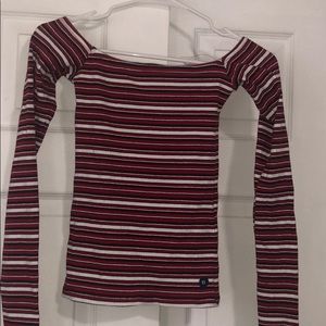 red white and black striped off the shoulder shirt